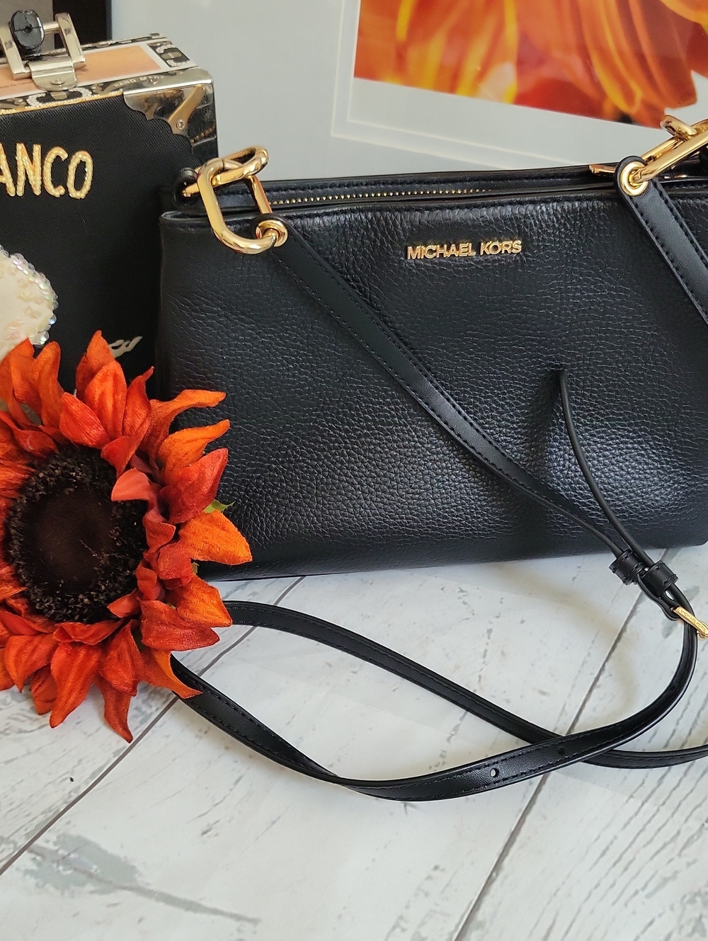 Michael Kors Trisha Black Pebbled Leather Gold-Tone Crossbody